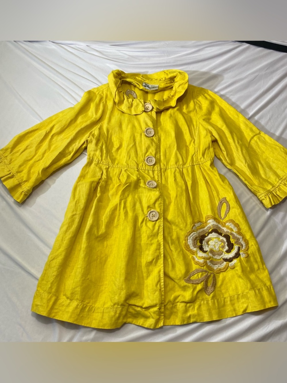 Ivy Jane Linen Yellow Button Jacket Ruffle Trim Pocket Embroidered Floral Boho S